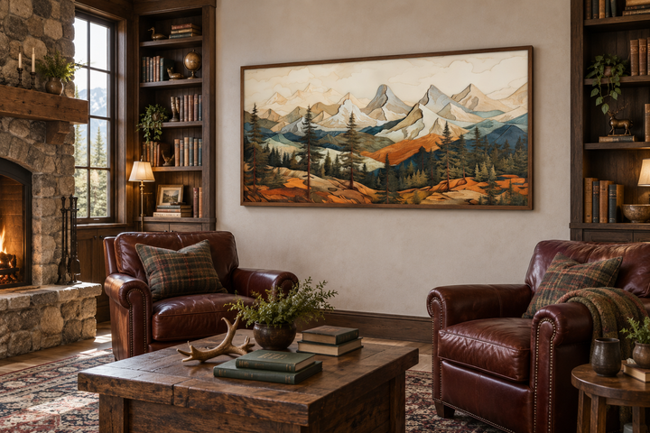 Rustic mountain layered wood panel wall art in a cozy cabin living room with leather armchairs.