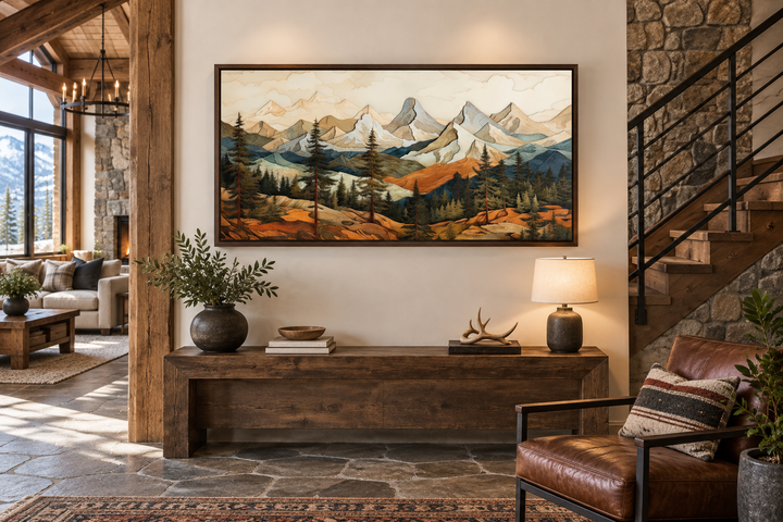 Rustic mountain wall art with layered wood panel effect and pine forest in a wooden frame.