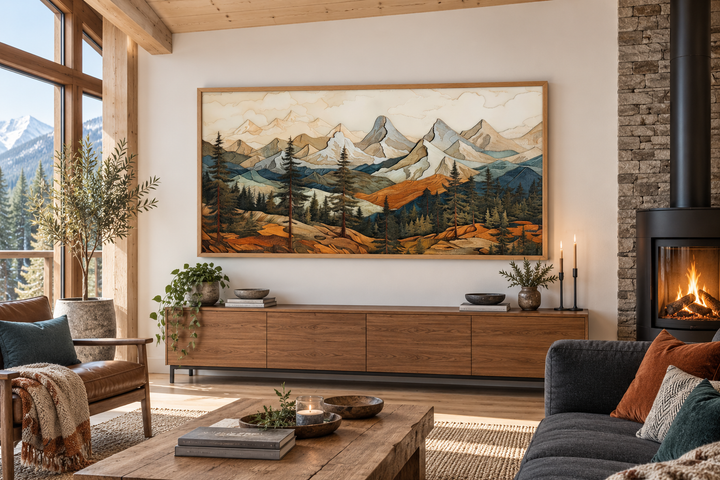 Rustic mountain wall art with layered wood panel effect and pine forest in a wooden frame.