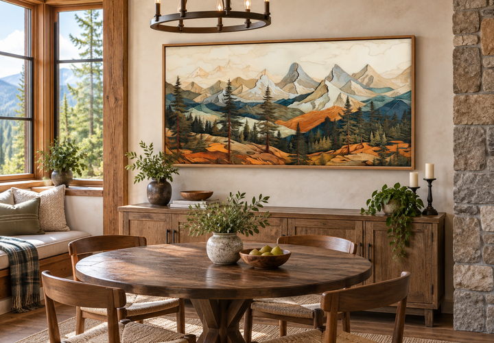 Rustic mountain wall art with layered wood panel effect and pine forest in a wooden frame.