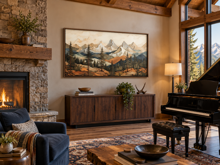 Rustic mountain wall art with layered wood panel effect above a sideboard in a cozy cabin living room