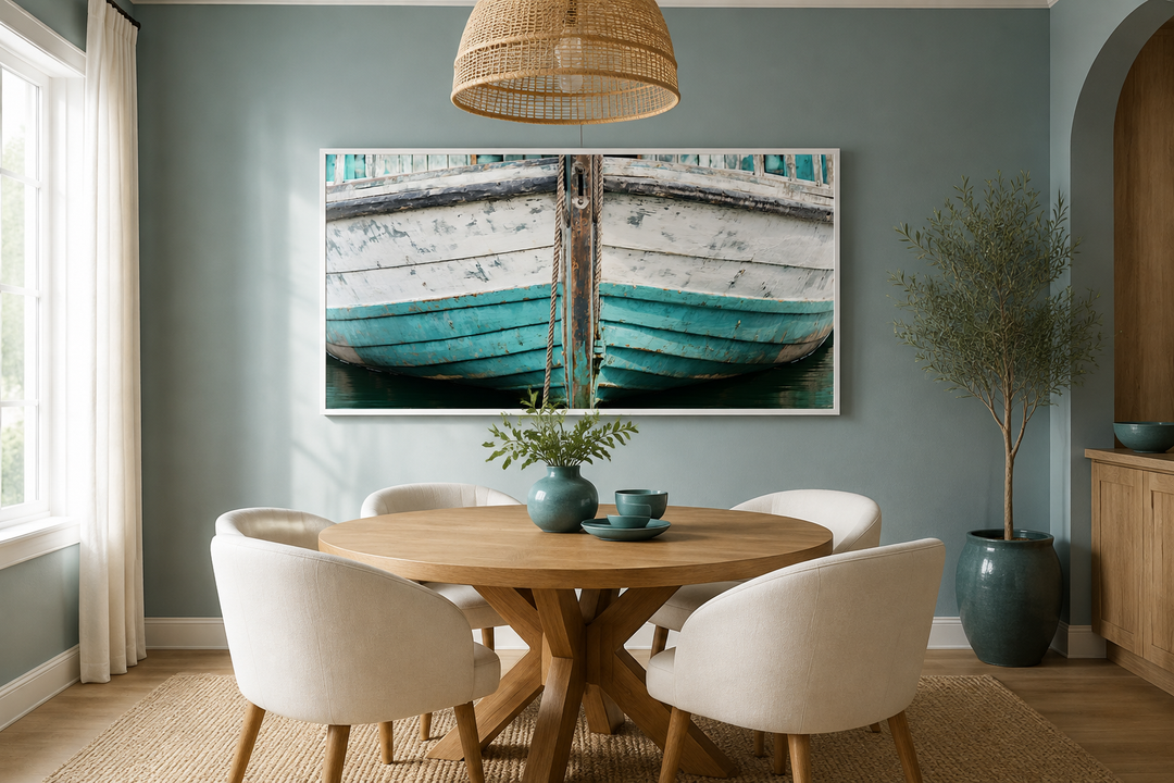 Rustic old teal boat close-up framed canvas wall art in a coastal-style dining room.