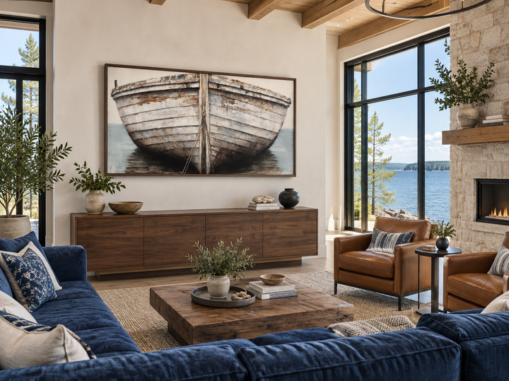 Rustic old boat close-up framed canvas wall art in a coastal living room above a wooden sideboard.