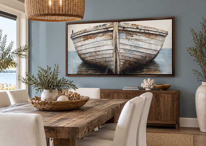 Rustic old boat close-up framed canvas wall art in a coastal-style dining room.