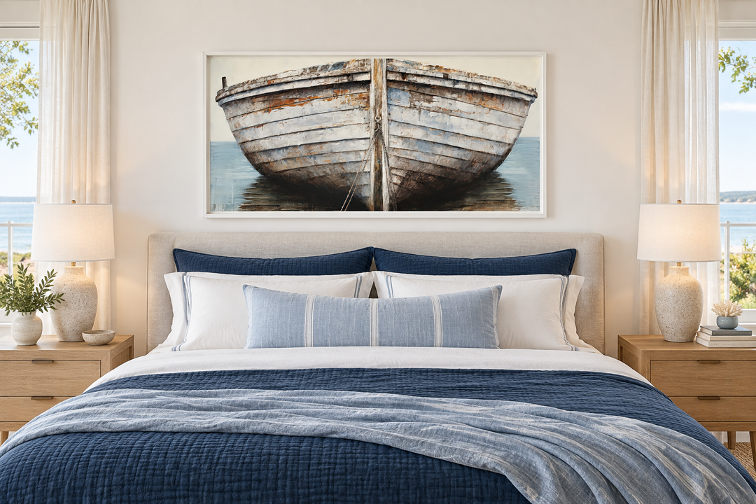 Rustic old white and brown boat close-up framed canvas wall art above a bed in a coastal bedroom.