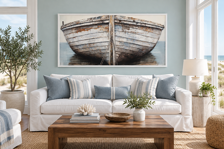 Rustic old white and brown boat close-up framed canvas wall art in a coastal living room.