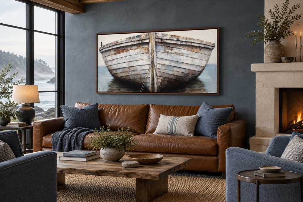 Rustic old boat close-up framed canvas wall art above a leather sofa in a coastal living room.