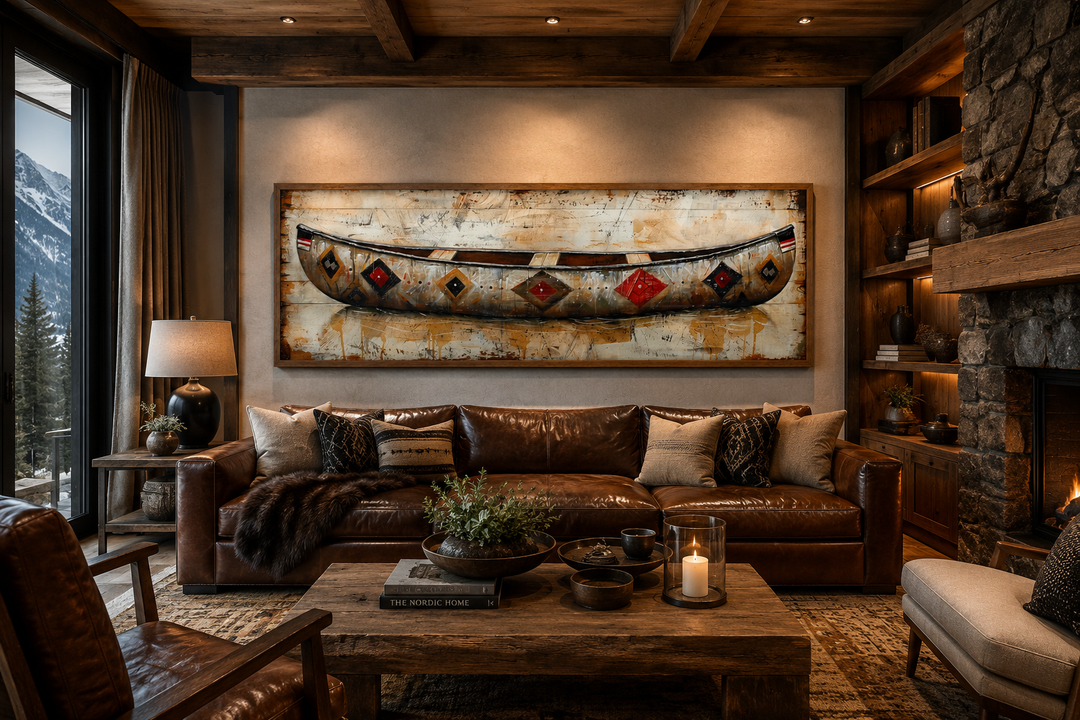 Rustic old wooden canoe painting on framed canvas wall art above a leather sofa in a cabin.