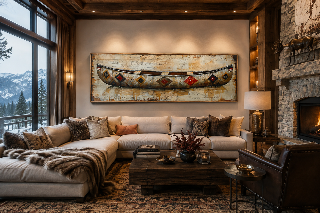 Rustic old wooden canoe painting on framed canvas wall art above a sofa in a cabin living room.