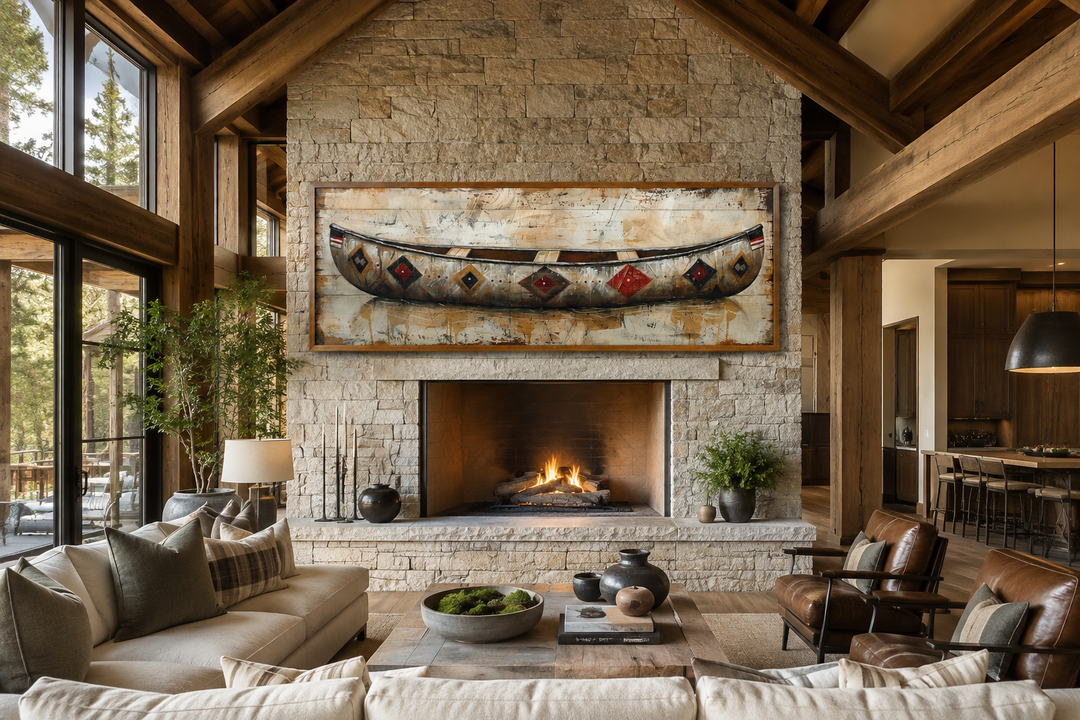 Rustic old wooden canoe painting on wood framed canvas wall art above a stone fireplace in a cabin.