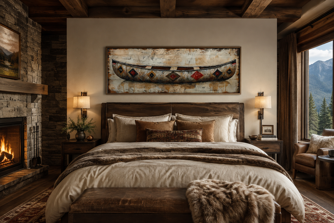 Rustic old wooden canoe painting on framed canvas wall art above a bed in a cabin bedroom.