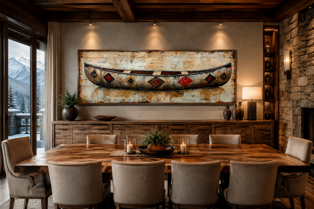 Rustic old wooden canoe painting on framed canvas wall art in a lodge-style dining room.