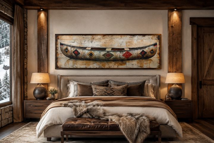 Rustic old wooden canoe painting on wood framed canvas wall art hanging above a bed in a cabin.