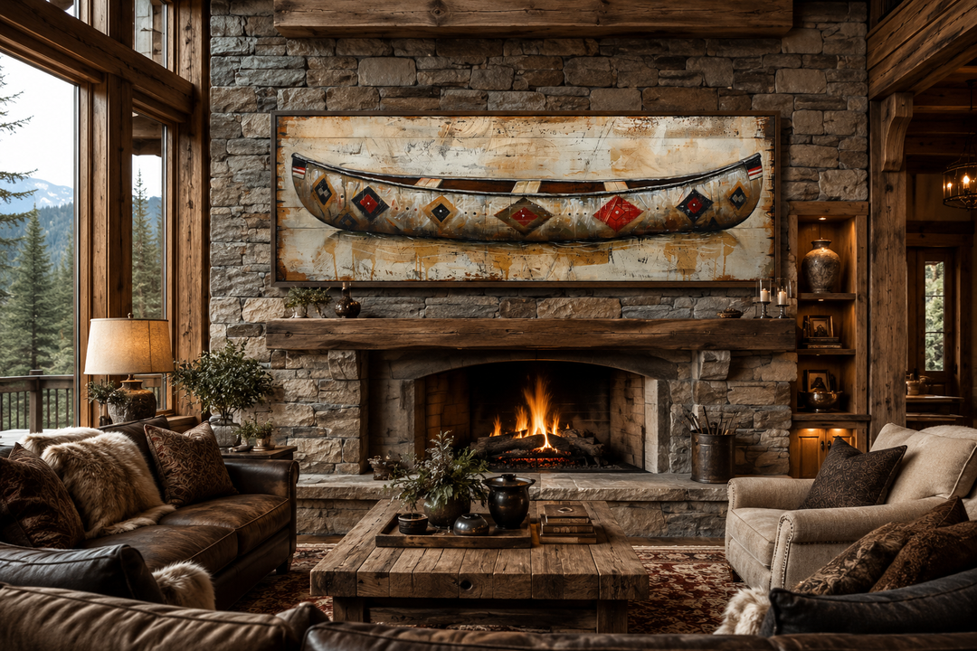 Rustic old wooden canoe painting on framed canvas above a stone fireplace in a cozy cabin living room