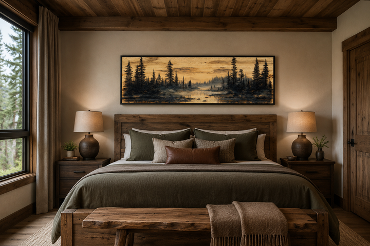 Panoramic pine forest painting on wood-textured canvas hanging above a bed in a rustic bedroom.