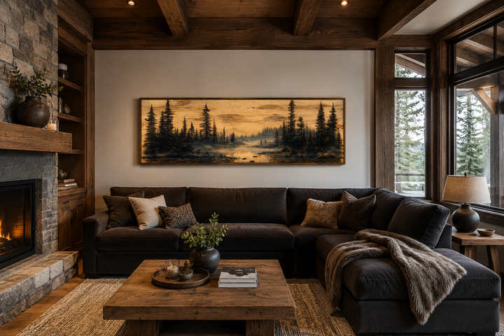 Panoramic rustic pine tree forest painting on wood-textured canvas in a cozy cabin living room.