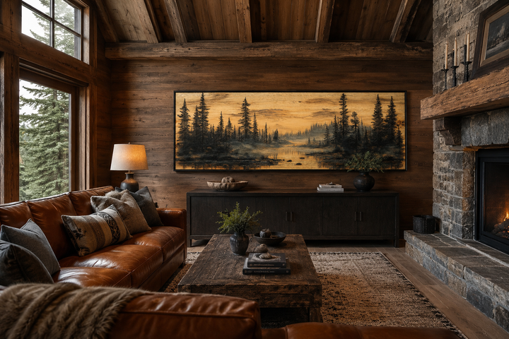 Panoramic pine tree forest painting on wood-textured canvas in a rustic cabin living room.