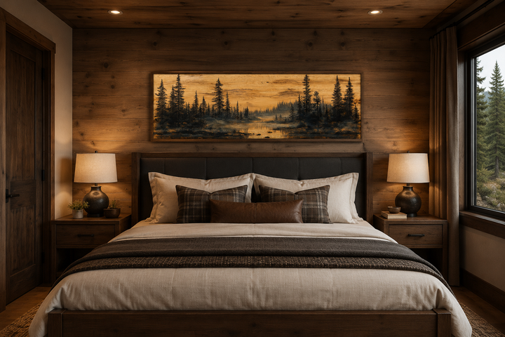 Rustic panoramic pine tree forest painting on wood-textured canvas above a bed in a cabin bedroom.