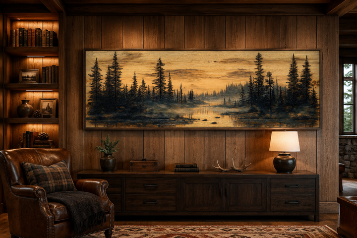 Panoramic pine forest painting on wood-textured canvas in a rustic, wood-paneled room.