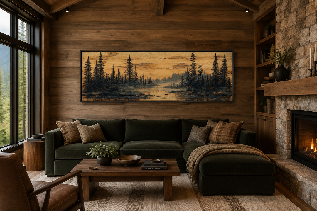 Panoramic pine tree forest painting on wood-textured canvas in a rustic living room setting.