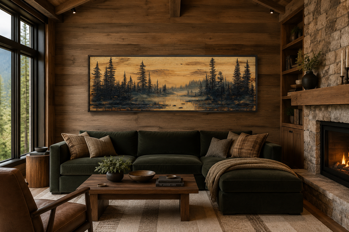 Panoramic pine tree forest painting on wood-textured canvas in a rustic living room setting.