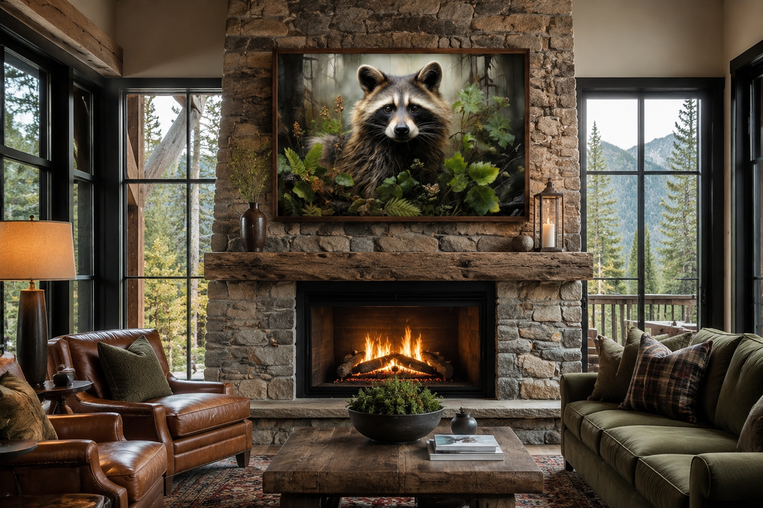 Framed raccoon canvas wall art above a stone fireplace in a rustic cabin living room.
