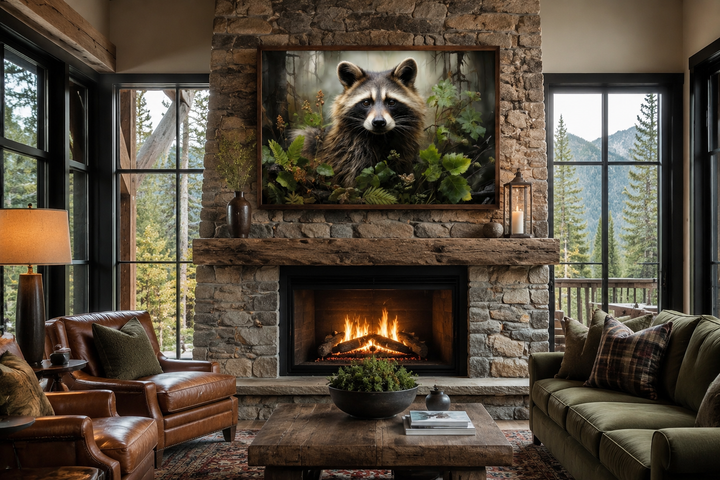 Framed raccoon canvas wall art above a stone fireplace in a rustic cabin living room.