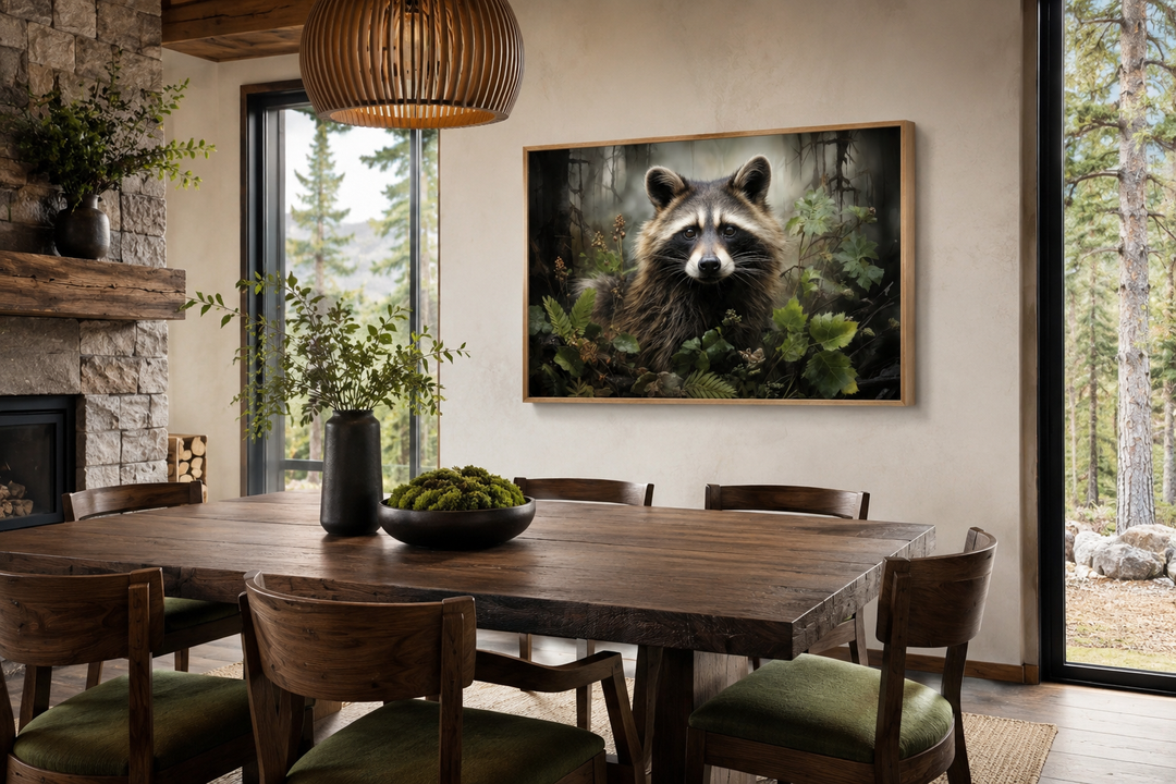 Framed canvas wall art of a raccoon in a forest hanging in a rustic dining room with wooden table.