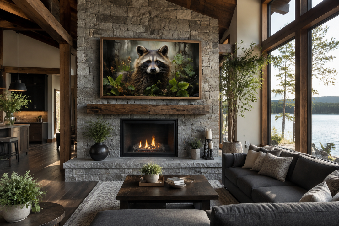 Framed canvas wall art of a raccoon in a forest, hanging above a fireplace in a rustic cabin room.