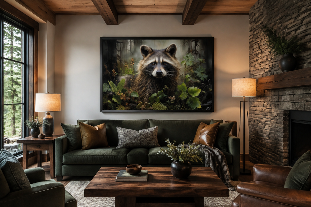 Framed canvas wall art of a raccoon in a forest, hanging above a green sofa in a rustic living room.