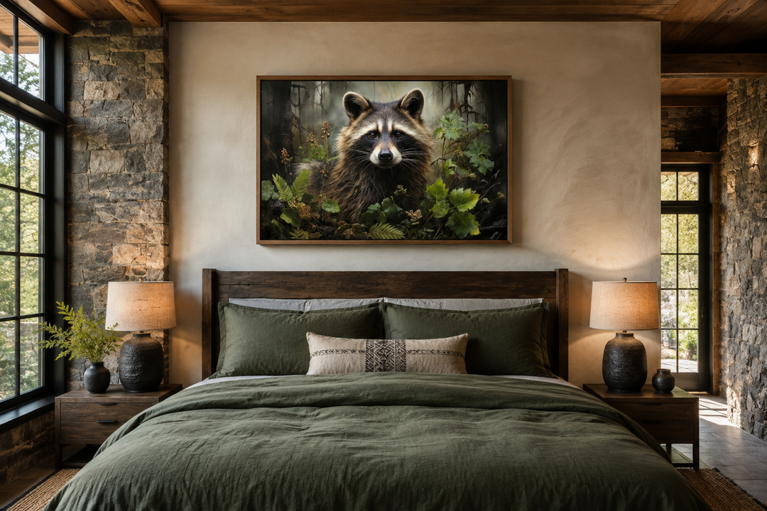 Framed canvas wall art of a raccoon in a forest, hanging above a bed in a rustic cabin bedroom.