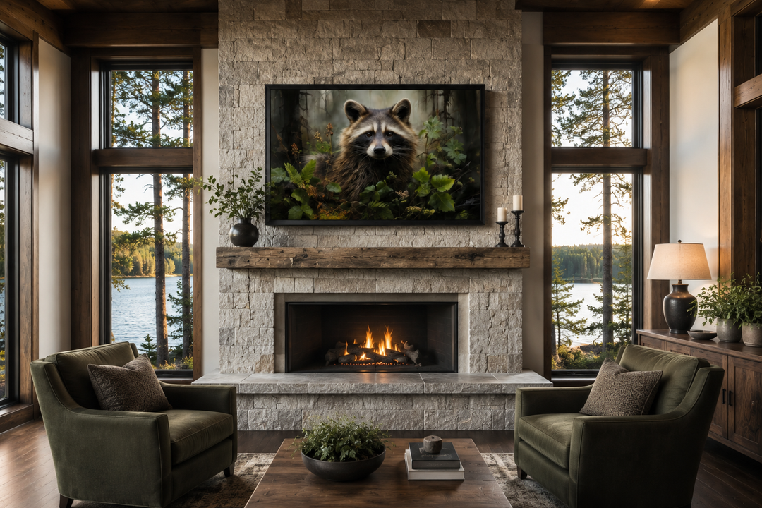 Framed canvas wall art of a raccoon in a forest, mounted above a stone fireplace in a rustic cabin.