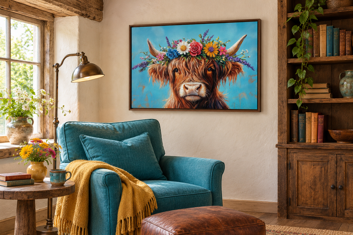 Highland cow canvas wall art with a floral wreath on a turquoise background in a rustic room.