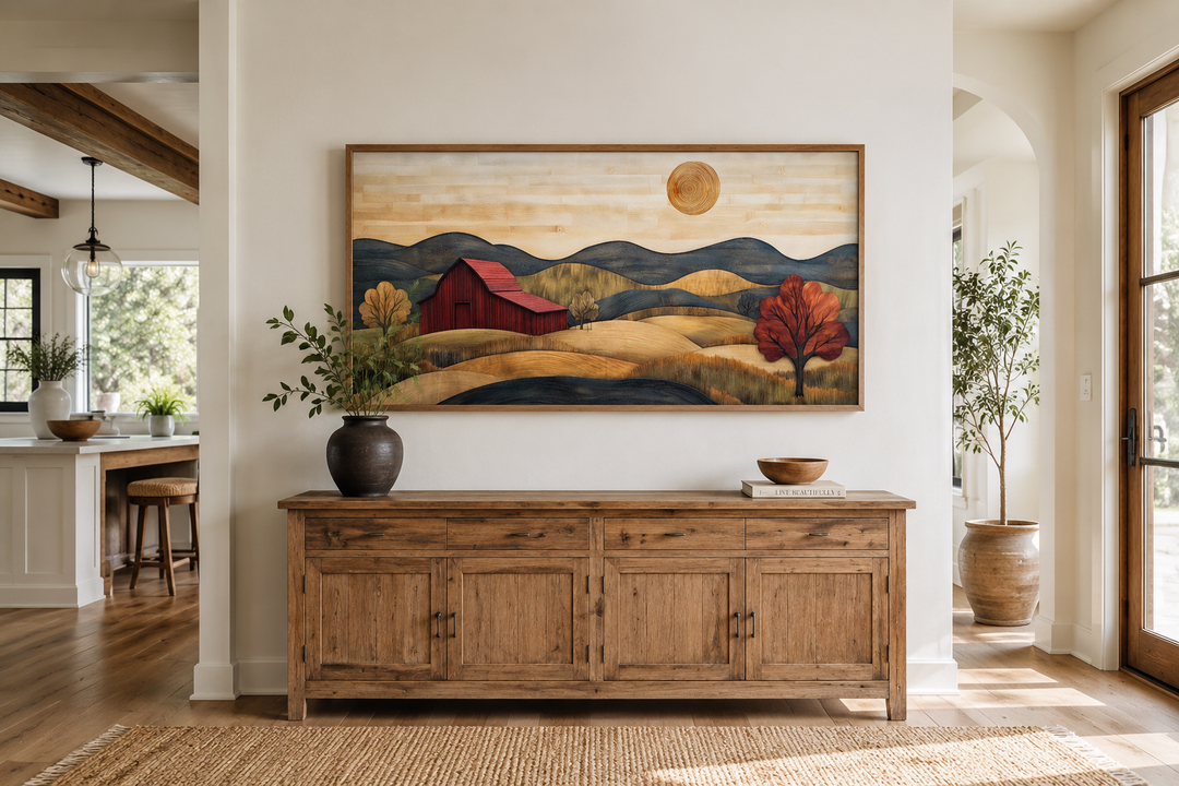 Rustic red barn and farm landscape wood style canvas wall art above a wooden sideboard.