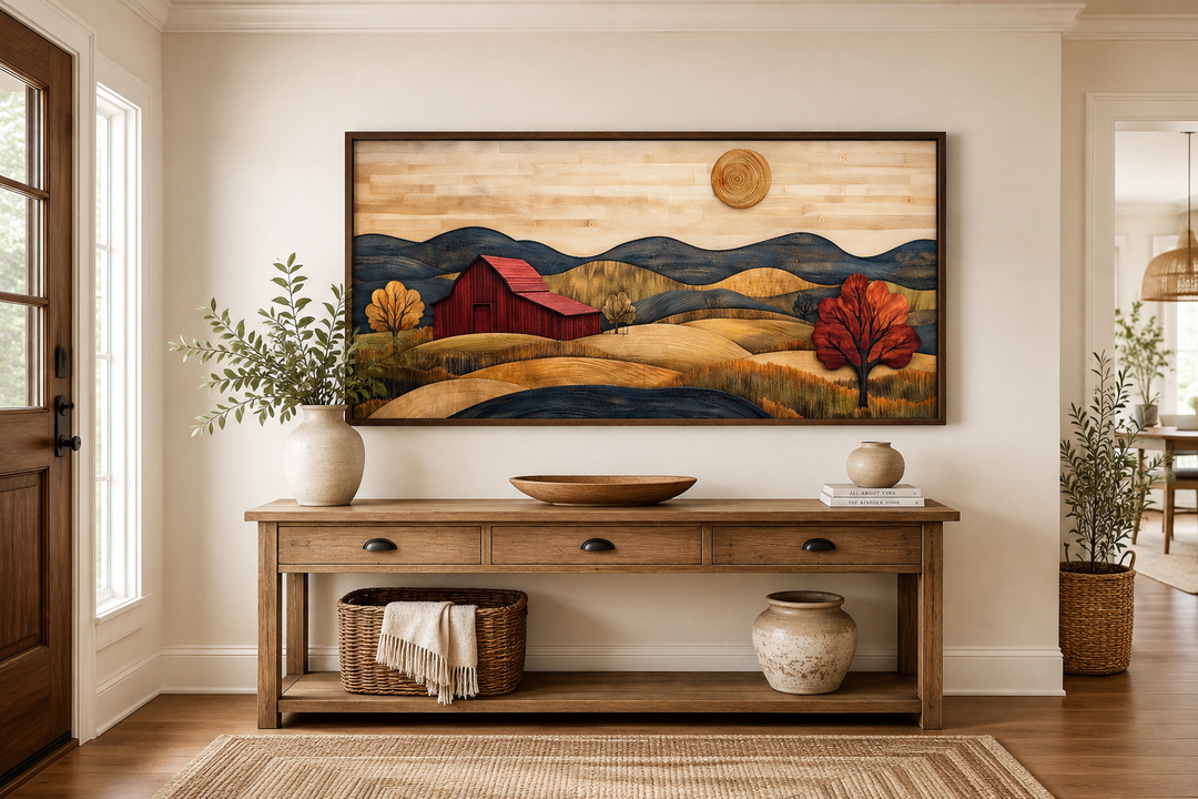 Rustic red barn and farm landscape wood style canvas wall art hanging above a wooden console table.