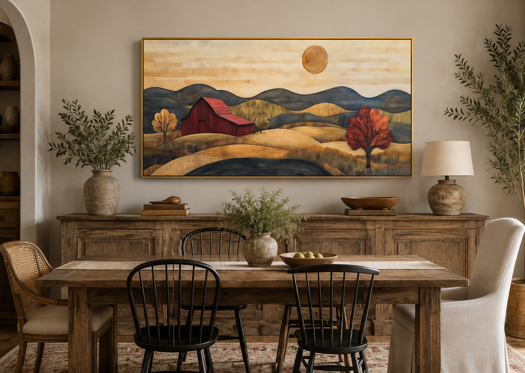 Rustic red barn and farm landscape wood style canvas wall art hanging above a wooden sideboard.