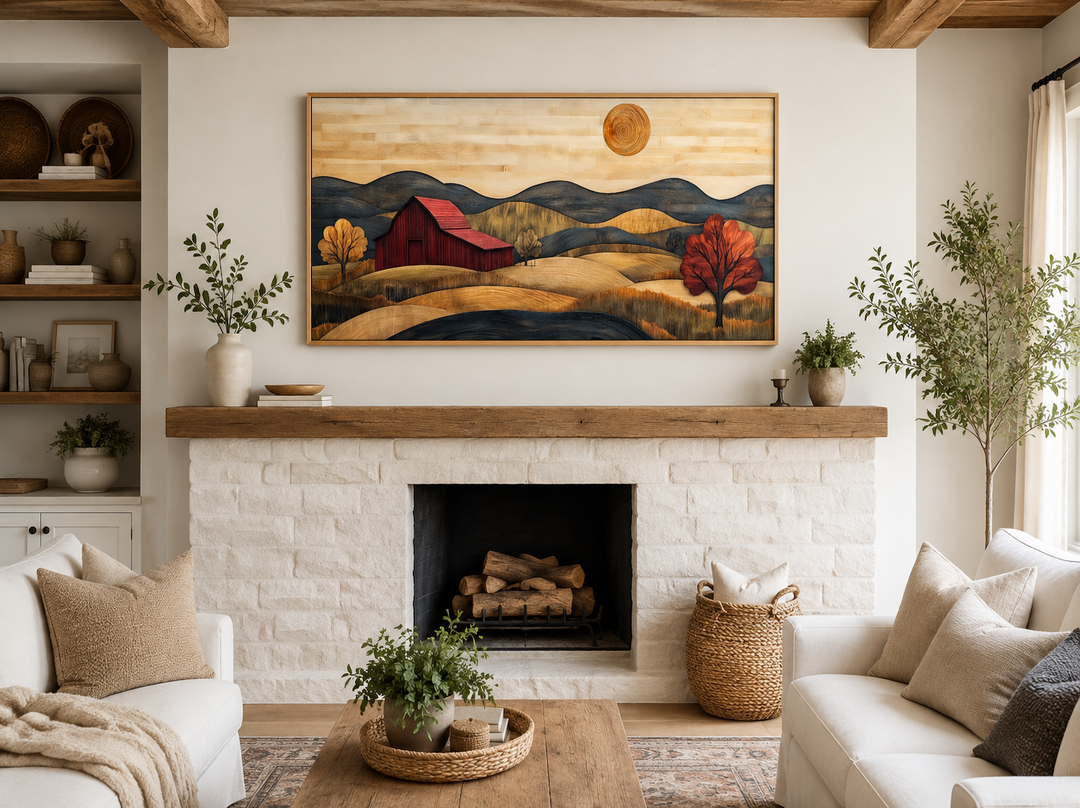Rustic red barn and farm landscape wood style canvas wall art hanging above a white brick fireplace.