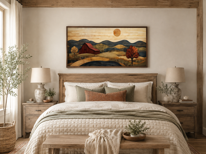 Rustic red barn and farm landscape wood style canvas wall art hanging above a bed in a bedroom.