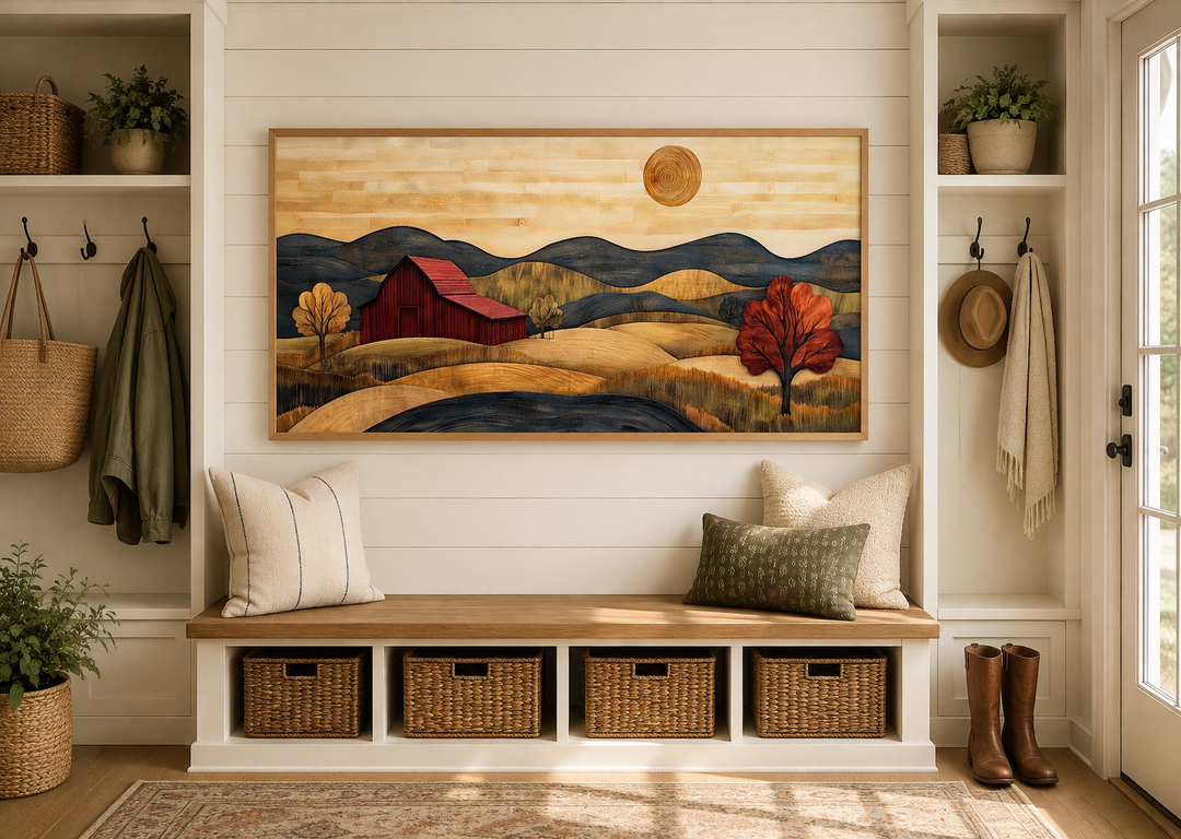 Rustic red barn and farm landscape wood style canvas wall art hanging in a farmhouse entryway.