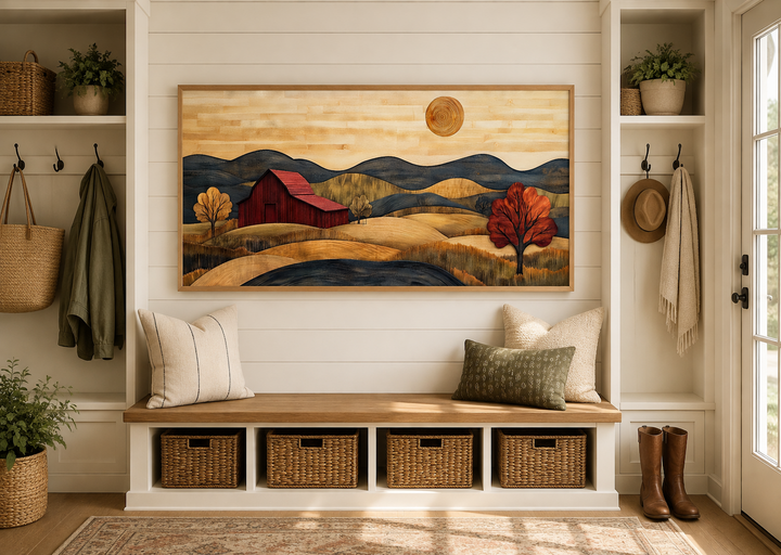 Rustic red barn and farm landscape wood style canvas wall art hanging in a farmhouse entryway.