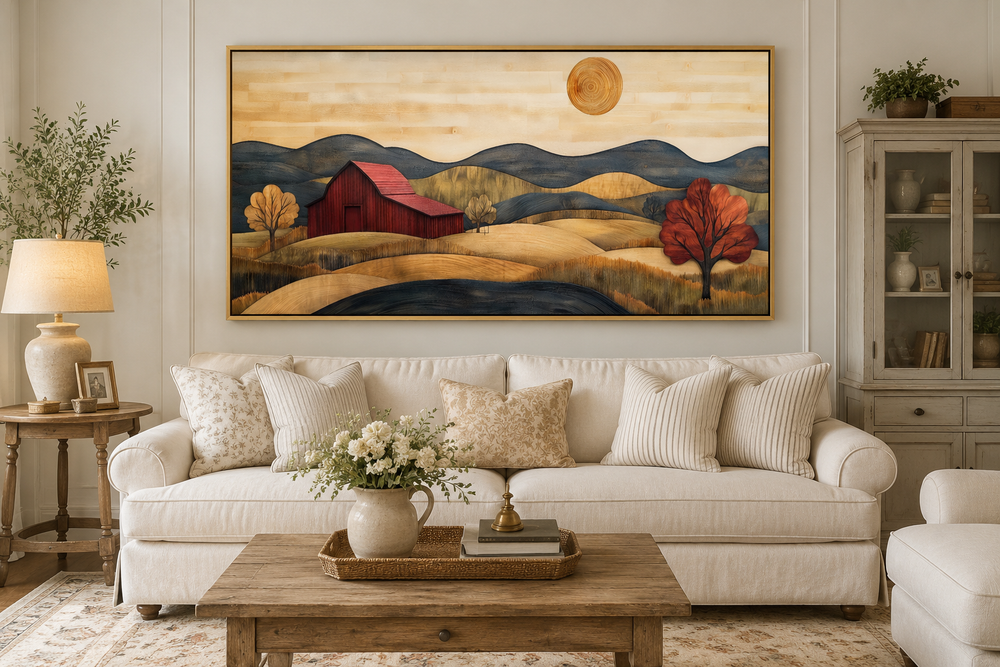 Rustic red barn and farm landscape wood style canvas wall art hanging above a white sofa.