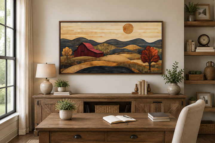 Rustic red barn and farm landscape wood style canvas wall art hanging in a home office.