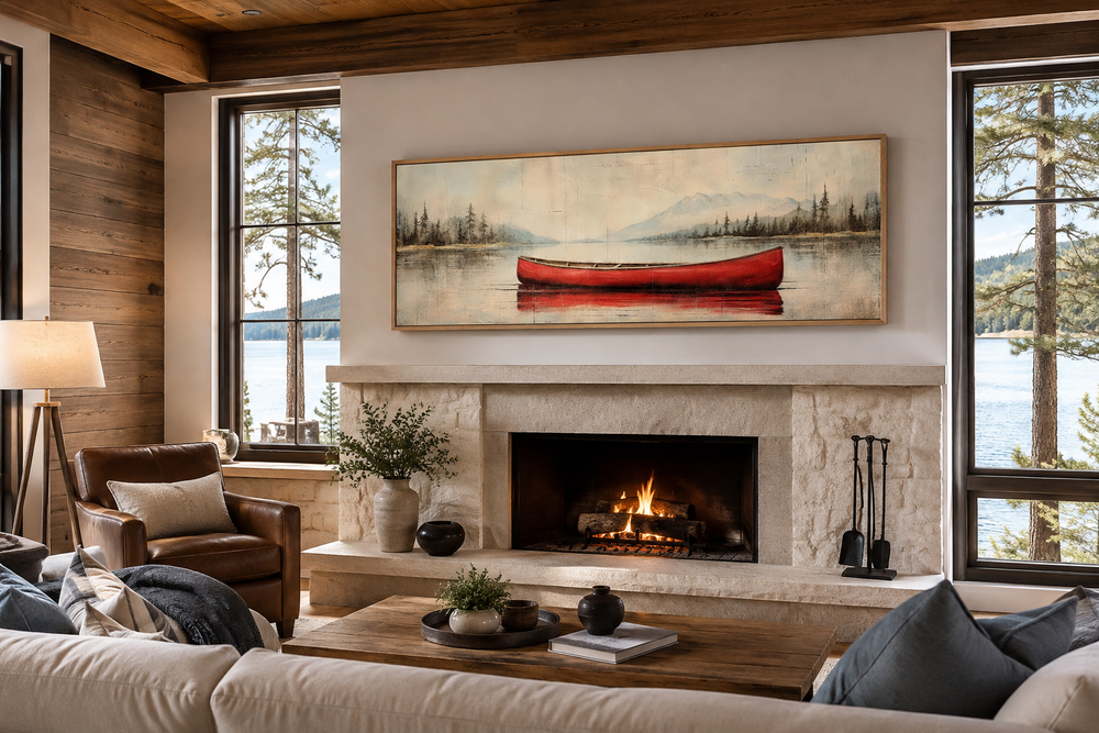 Rustic red canoe painting on wood-framed canvas above a stone fireplace in a lodge-style living room.