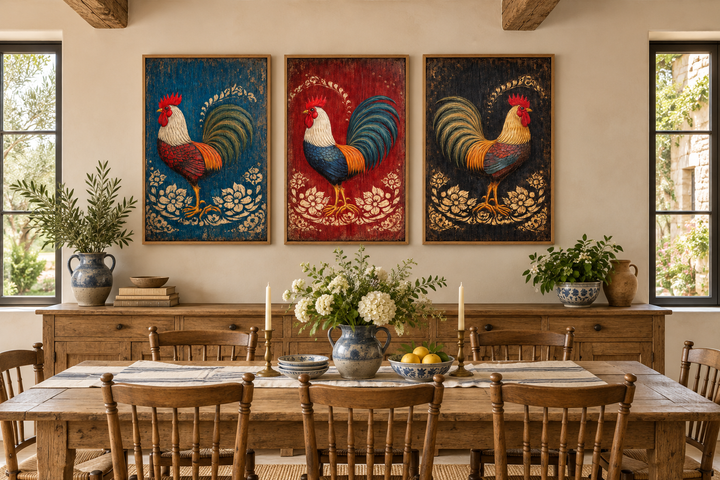 Set of 3 rustic rooster canvas prints in blue, red, and black above a farmhouse dining table.