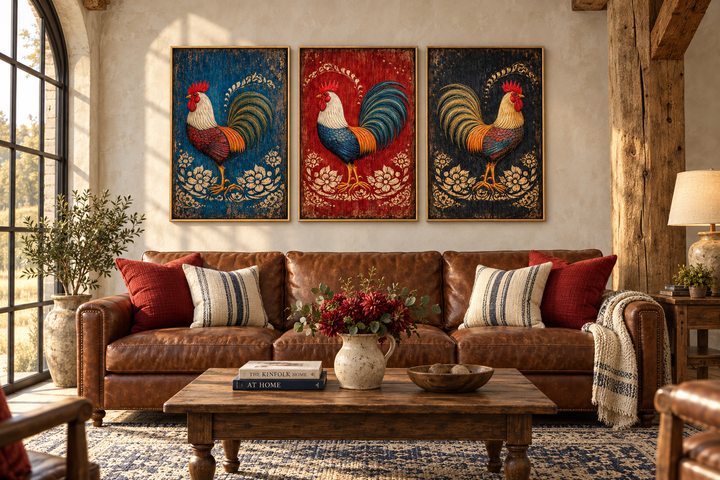 Set of 3 rustic rooster canvas prints in blue, red, and black above a leather sofa in a living room.