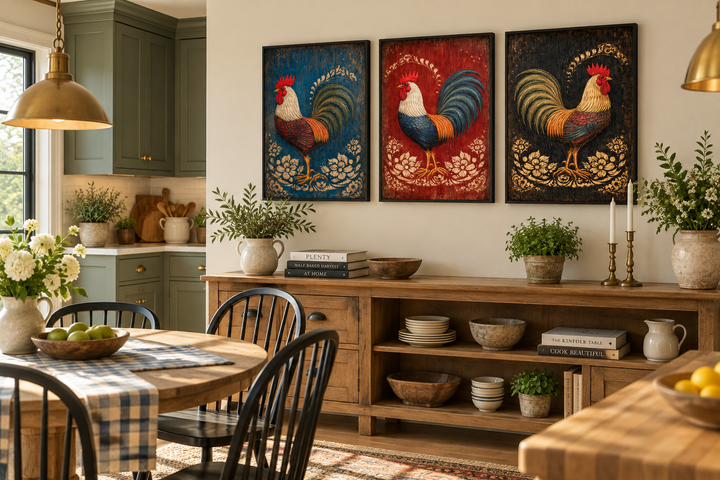 Set of 3 rustic rooster canvas prints in blue, red, and black hanging in a farmhouse dining room.