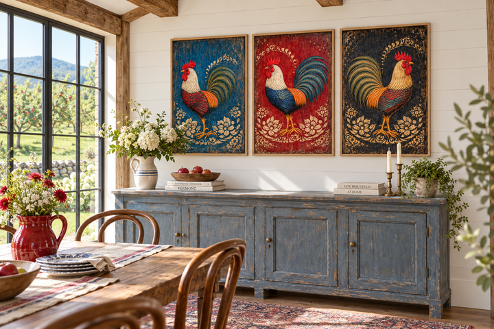 Set of 3 rustic rooster canvas prints in red, blue, and black on a farmhouse living room wall.
