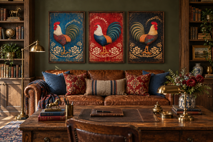 Set of 3 rustic rooster canvas prints in red, blue, and black over a leather sofa in a study.