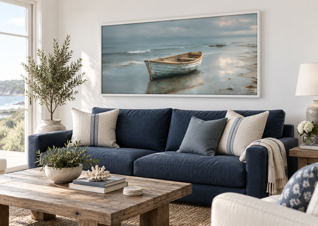 Rustic rowboat on beach coastal framed canvas wall art hanging above a navy blue sofa.