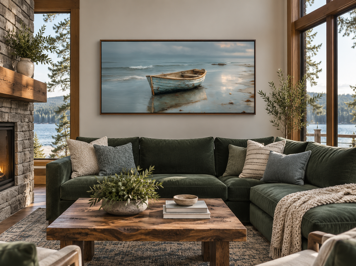 Rustic rowboat on beach coastal framed canvas wall art hanging above a green velvet sectional sofa.
